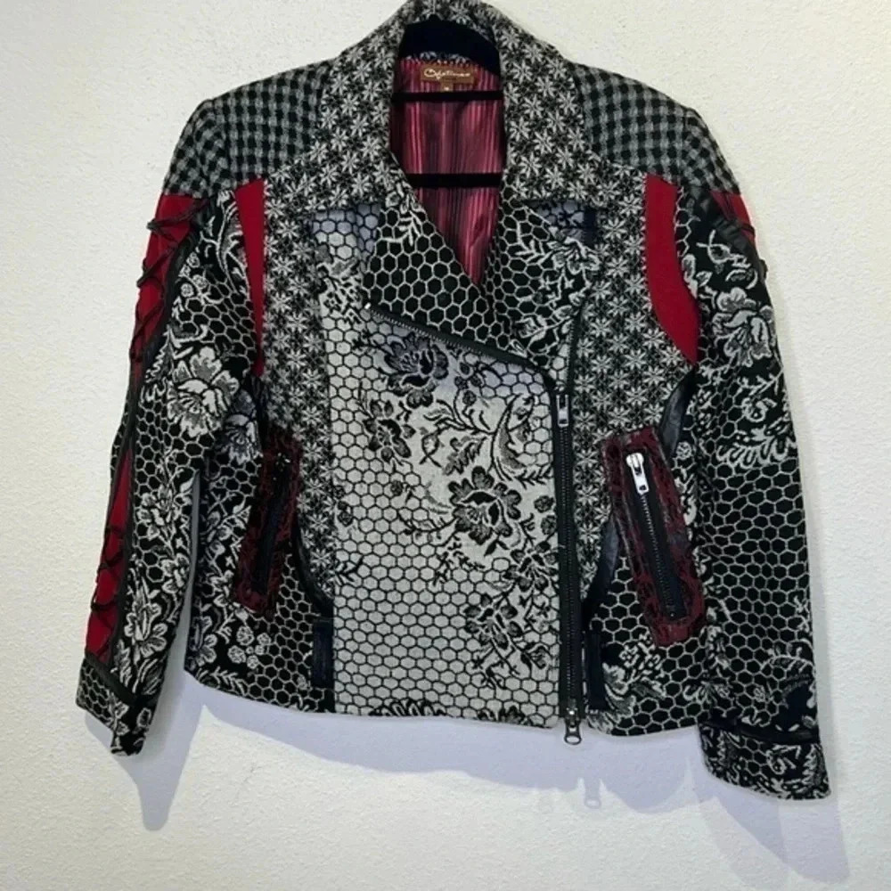 Obstinee by IKA-VTG Black/White-Red patchwork-Belted Biker Jacket size 12